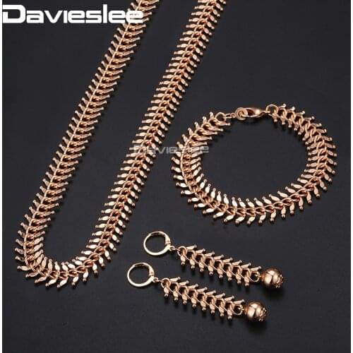 Davieslee Jewelry Set For Women 585 Rose Gold Centipede Link Chain Necklace Bracelet Earrings Woman Dropshipping 10/14mm DCSM01