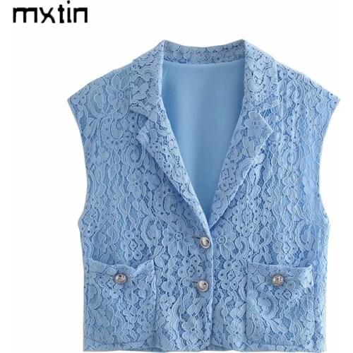 Women 2020 Fashion Office Wear Lace Waistcoat Vintage Button-up Fitted V Neck Sleeveless Female Vest Outerwear Chic Tops