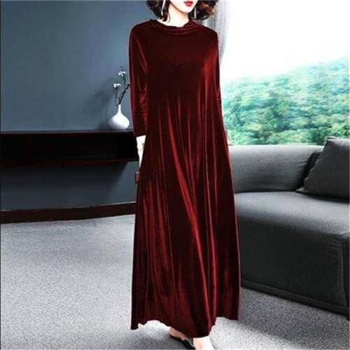 2020 Fall Winter Elegant Loose Velvet Long Dress Women Casual Vintage Full Sleeve Maxi Dress Plus Size M-7XL Wine Black Green