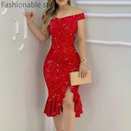 Women Fashion Elegant Sexy Glitter Off Shoulder Ruffles Slit Midi Dress Sexy Party Bodycon Dress