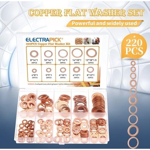 220Pcs M4 M5 M6 M8 M10 M12 M14 Solid Copper Washer Flat Ring Gasket Sump Plug Oil Seal Fittings Fastener Hardware Accessories