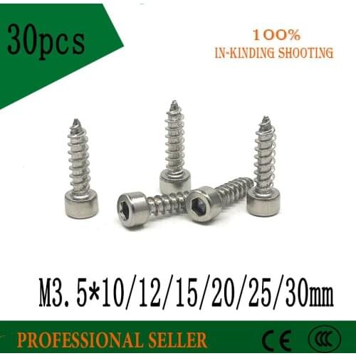 30pcs Free shipping M3.5 *10/12/15/20/25/30 mm 304 stainless steel Hexagon Socket Cap Head self tapping screw Model Screw