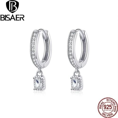 BISAER Luminous 925 Sterling Silver Square Geometric Shape Women Drop Earrings Wedding Engagement Cubic Zircon Jewelry EFE157
