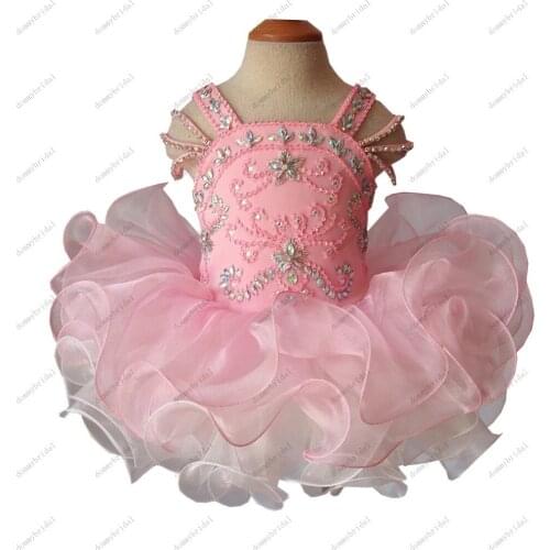 Fancy Pink Cupcake Toddler Short Little Baby Girls Kids Children Pageant Gown Ruffles Crystal Organza Flower Girl Dresses 2021