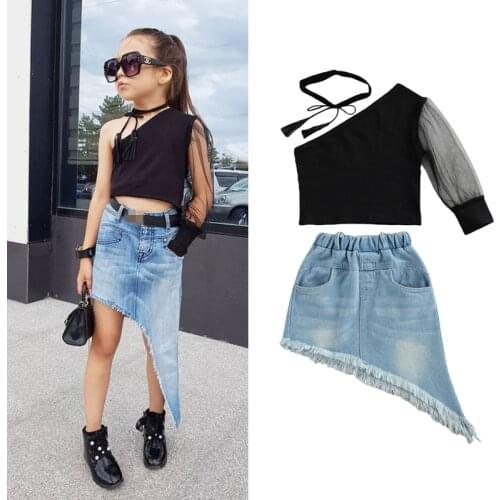 FOCUSNORM 1-6Y Fashion Kids Girls Clothes Sets 3pcs One Shoulder Lace Puff Sleeve Tops Irregular Denim Skirt + Tie-Up Neck