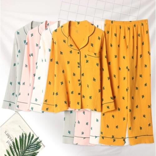 Cotton yarn cactus all-cotton suit womens lapel home wear can be worn at home loose V-neck pajamas