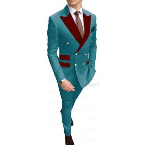 Sea Blue Mens Wedding Suits Groom Best Man Party Tuxedo Slim Fit Blazer Burgundy Velvet Lapel Double Breasted Jacket With Pants