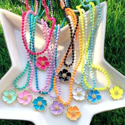5Pcs Dainty Lovely Gold Plated Colorful Enamel Daisy Flower Charm Pendant Bead Ball Necklace for Women Korea Fashion Jewelry