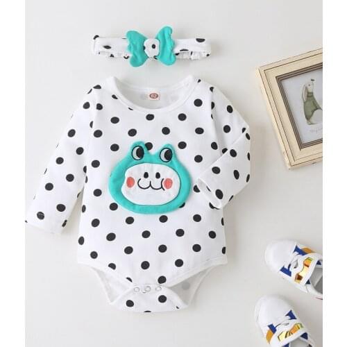 Newborn Baby Girl Clothes 2 Piece Dot Lovely Frog Long Sleeve Baby Bodysuit+bow Headband Casual Infant Clothes Fall Winter 0-18M