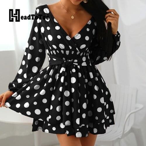Dot Print Lace Up Bandeau Sashes Dip Hem Sweet Fashion Party Dresses for Women Full Sleeve V Neck A-line Above Knee Woman Dress