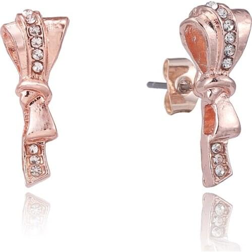 Seialoy Fashion Rose Gold Bow Stud Earring For Women Girls Fine Shiny Crystal Earrings Friends Couple Birthday Gift