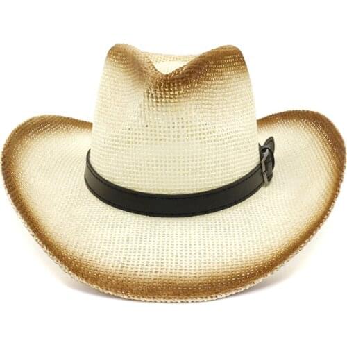 Unisex Plain Paper Straw Western Cowboy Hats Belt Buckle Decorate Men Women Wide Brim Sun Caps Beach Shade Hat Sombrero