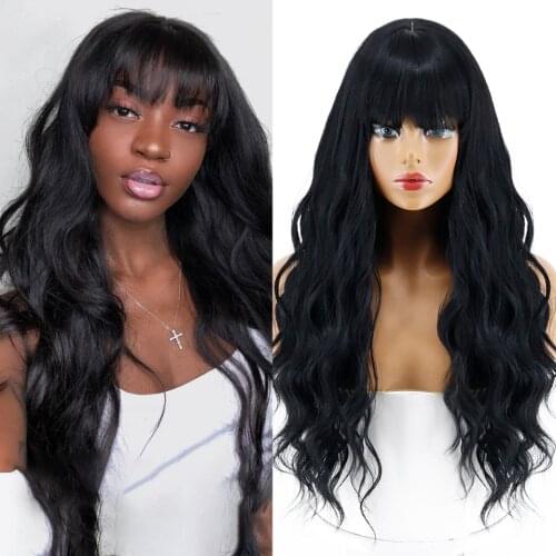 Synthetic long wig black wave wig with bangs synthetic heat-resistant fiber hair Cosplay black female long wig