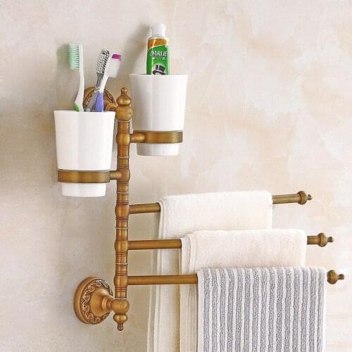 Folding Movable Bath Towel Bars Copper Bathroom Towel Racks Antique Towel Hanger Wall Mounted 2-4 Layers Rotatable Towel Holder