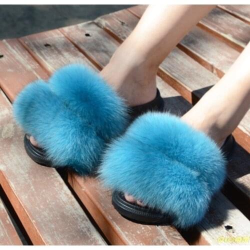 Winter Women Fur Slides Furry Slippers Plush Fox Fur Fluffy Sandals Female Indoor Flip Flops Casual Warm Slippers Shoes