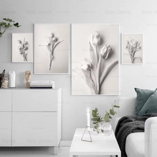 Modern Floral Canvas Painting Minimalist Art Poster Grey White Plant Wallpaper Craft Print Picture Decorate Home Bedroom