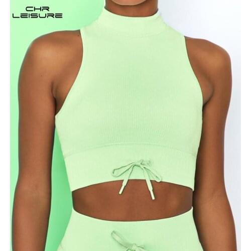 CHRLEISURE Womens Tank Top Crop Sports Top Candy Turtleneck Sports Seamless Solid Color Female Summer Tank Tops Woman Clothes