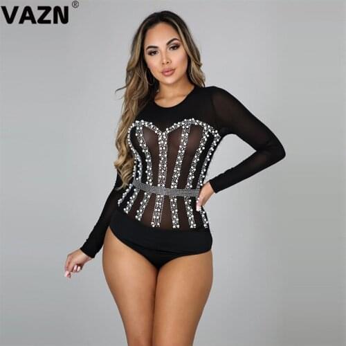 VAZN 2020 New Arrival Parity Beading Sexy Joker Elegant Solid Young Fashion Full Sleeve Women High Waist Skinny Bodysuits