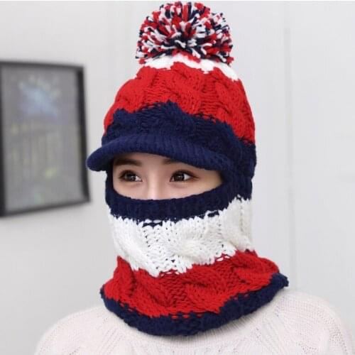 Knitted hat scarf muffler one piece color block decoration winter thermal yarn winter girls knitted hat