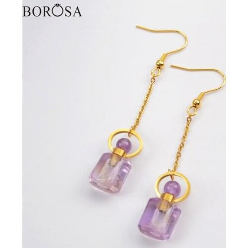 BOROSA 3Pairs Fashion Perfume Bottle Shape Natural Amethysts Drop Earrings Scent-bottle Shape Gems Women Earring as Gifts WX1168