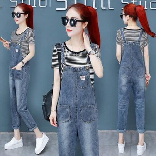 2019 summer new womens fashion casual denim bib two-piece suit tide