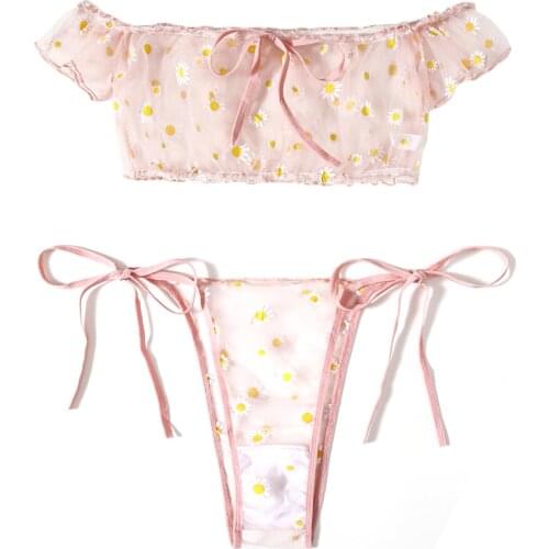 Women Sexy Mesh Lingerie Set, Off Shoulder Daisy Print Bra and Panty Set Nightwear 2021 New Fashion