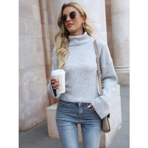Autumn Winter Turtleneck Sweaters Women Long Flare Sleeve Casual Pullover Sweater Knit Tops Back Lace Up Knitted Fashion