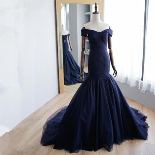 Vestidos De Fiesta 2019 New Fashion Mermaid Off Shoulder Navy Blue Prom Dresses Sexy Backless Sweep Train Formal Party Gown