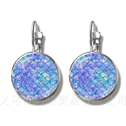 2018 New 16mm Glass Cabochon Maxi Silver Plated Stud Earrings Gift For Women Girls Kids Rainbow Scales Mermaid