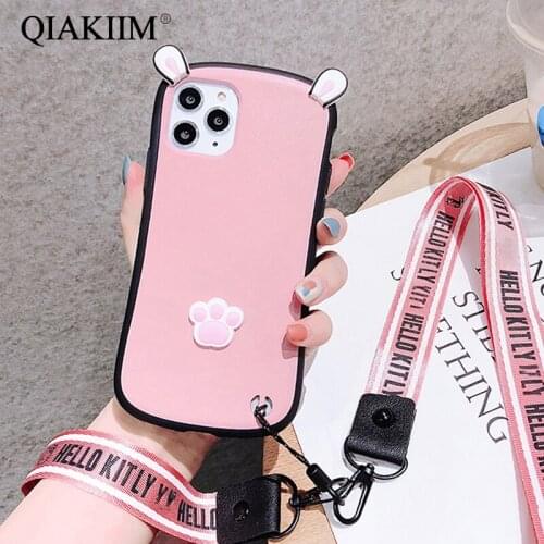 3D DIY Cute Cartoon Cat Claw Phone Cases For Huawei P40 Pro P30 P20 Mate 20 Honor 30 Nova 7 6 Case Lovely Ear Soft Cover + Strap