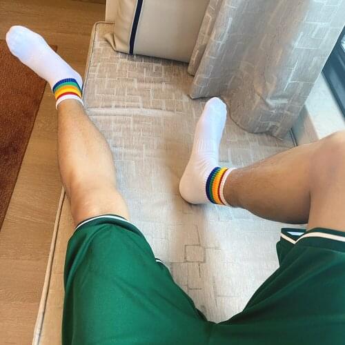 4 Pairs/LOT Of Matching Printing Medium Long Cotton Rainbow Stripe Gay Mens Sexy White Sport Socks