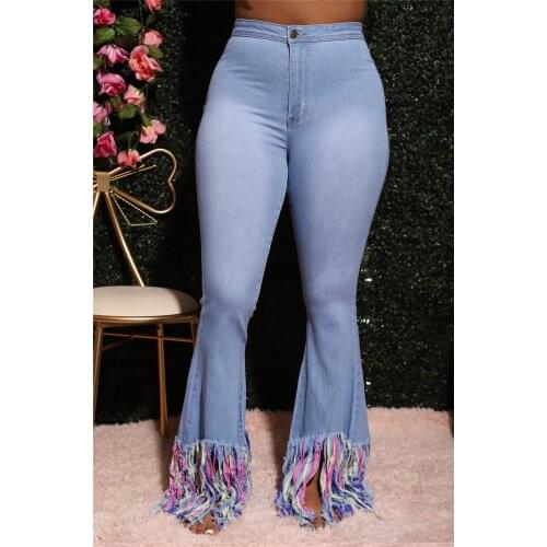 Echoine Hight Waist Bottom Colorful Tassel Fringe Flare Pants Blue Denim Women Jeans Skinny Bodycon Sexy Long Trousers New 2021