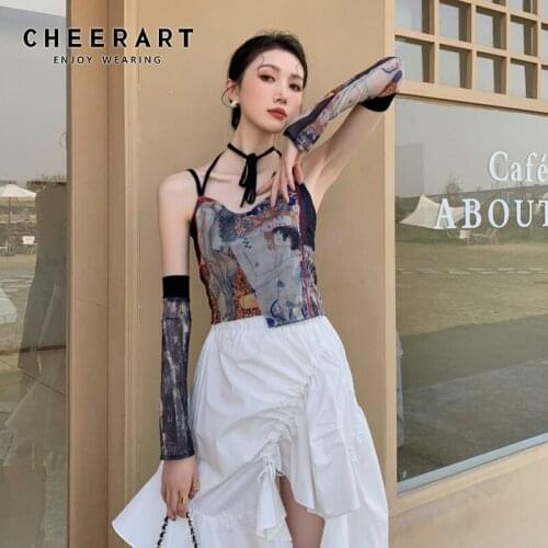 CHEERART Y2k Halter Top Summer 2021 Women Fashion Klimt Aesthetic Mesh Cami Top Croptop Print Bustiers Corsets Top Trendy
