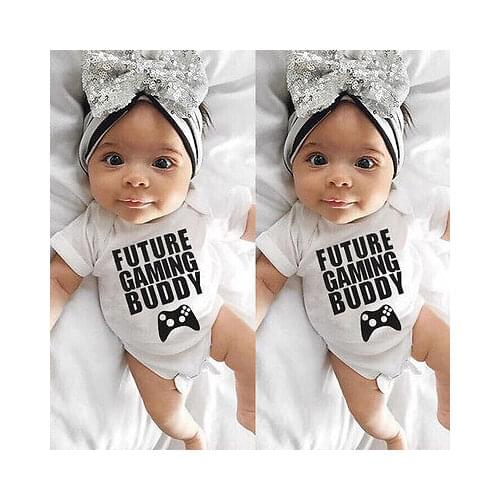 DERMSPE 2019 New Casual Newborn Baby Boy Girl Short Sleeve Letter Print Future Gaming Buddy Cotton Romper Baby Clothes White