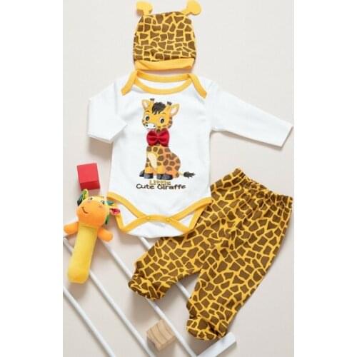 Baby Set Unisex Cute Animal Printed Cotton Long Sleeve 3'lü Set Male Girls Girls Clothing Ladybug Bee Giraffe Cute