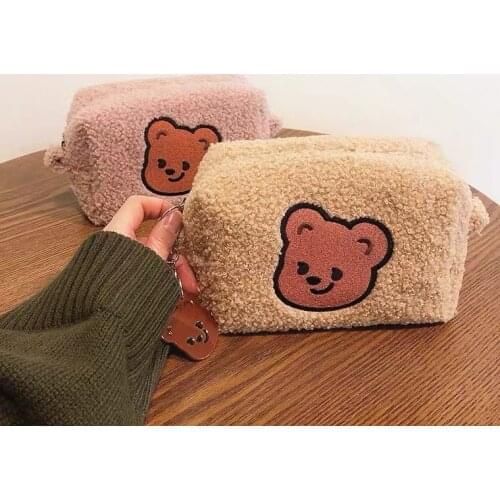 Bear Flannel Cosmetic Bag Portable Large Capacity Wash Bag Women Travel Makeup Brush Organizer Storage Pouch Student Pencil Case