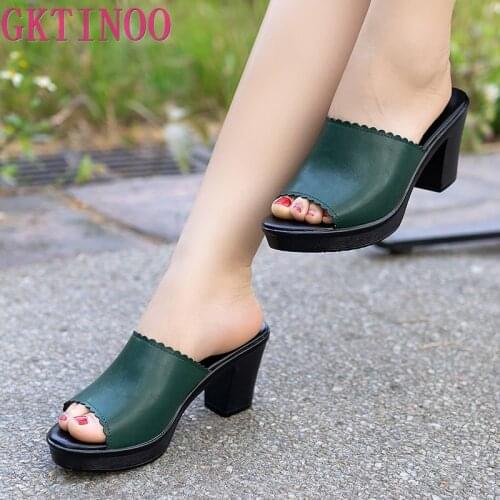 GKTINOO Women Slippers 2021 Ladies Summer Slippers Genuine Leather Shoes Women High Heels Fashion Summer Shoes