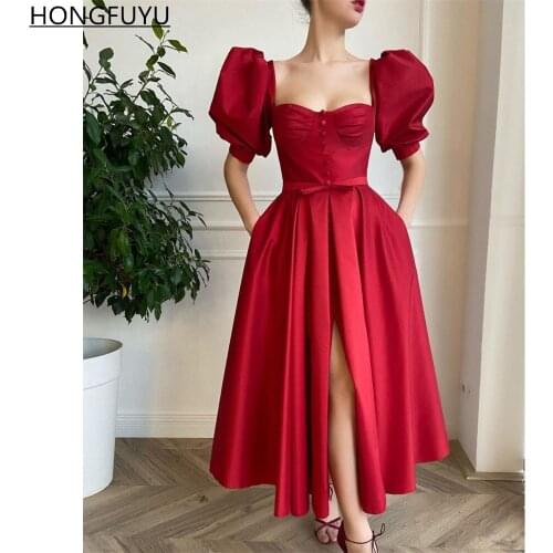 HONGFUYU 2021 Satin Ankle Length Prom Evening Dresses Red Front Split robes de soirée Cocktail Party Gowns with Pockets платье