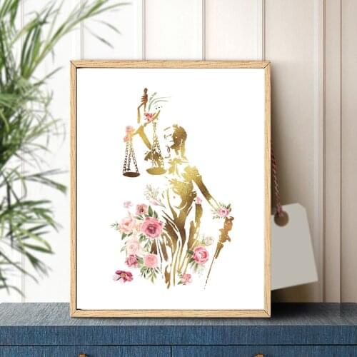 Lady Justice Lawyer Wall Art Prints Law Student Gift , Watercolor Floral Art Canvas Painting Attorney Poster Lawyer Office Decor