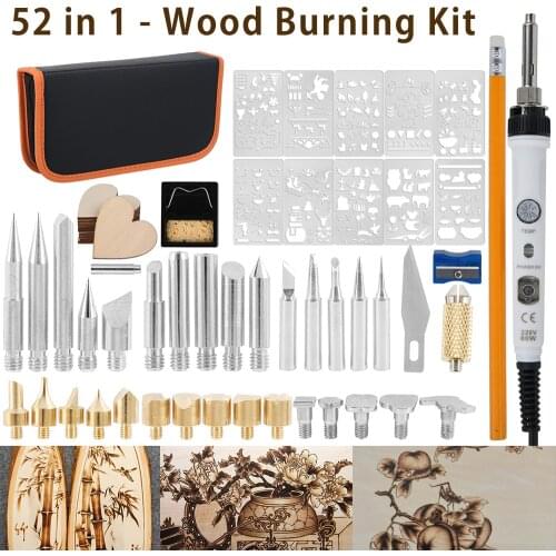 61Pcs Wood Burning Kit Carving Pyrography Pen Kit 60W Adjustable Temperature Soldering Iron Welding Wood Embossing Burning