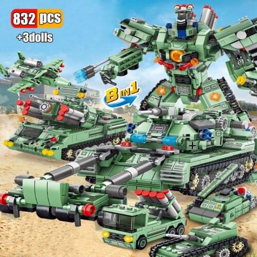 832Pcs Deformation Tank Robot Building Blocks 18 IN 1 35 Transformation Military Armored Car Weapons Education Toys for Boys