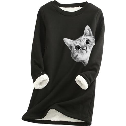 Harajuku Cat Print Sweatshirt Women Winter Thick Fleece Velvet Warm O-neck Hoodies Underwear Tops Pullover Casual Loose Moletom
