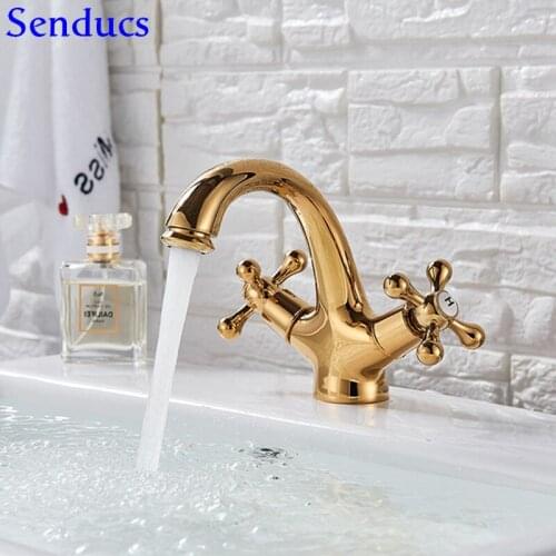 Senducs Dual Handle Gold Basin Faucet Deck Mounted Golden Bathroom Basin Sink Faucet Quality Brass Gold Basin Sink Faucets