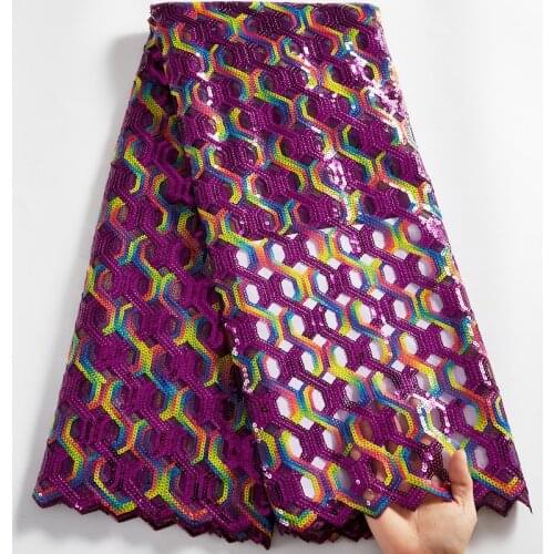 SJD LACE Purple African Sequins Lace Fabric 2021 Pattern Sequins Sewing Embroifery Fabric 5 Yards Dresses For Womem Party A 2517