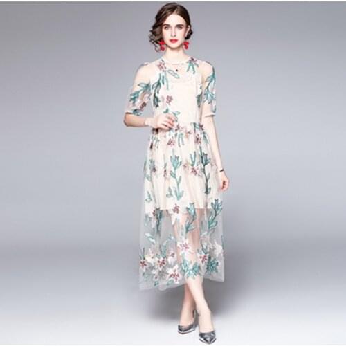 Summer Women Luxuriy Flower Embroidery Mesh Dresses New High-End Ladies See Through High Waist Slim Vacation Party Dress