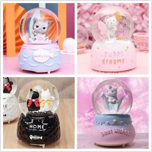 Crystal Ball Music Box Animal cat Birthady Gifts Glowing Snowflakes Music Box Home Decoration Desktop Ornament