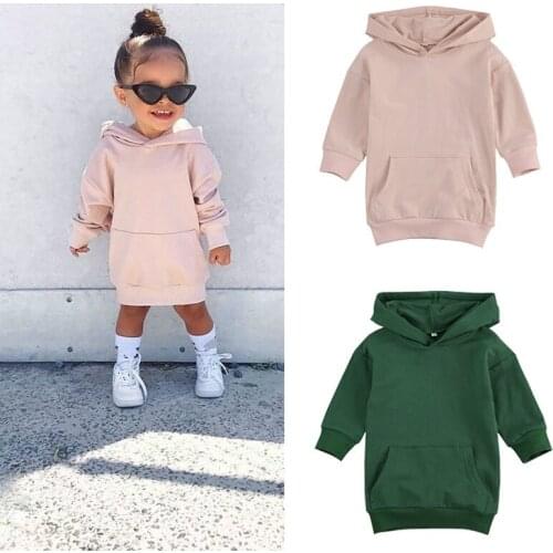 1-5Y Autumn Fashion Kids Girls Hoodies Dress Outfits Solid Long Sleeve Pullover Pocket Long Length Straight Dress