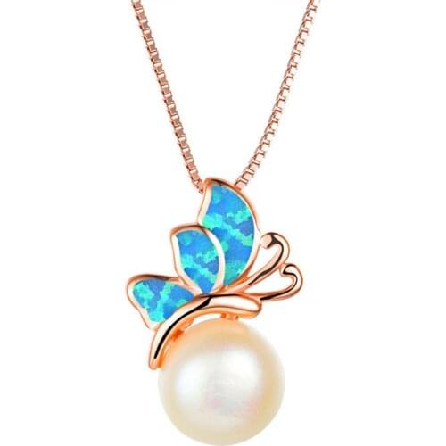 Female Blue White Opal Pendant Necklace Charm Butterfly Rose Gold Pearl Necklaces For Women Dainty Animal Wedding Necklace