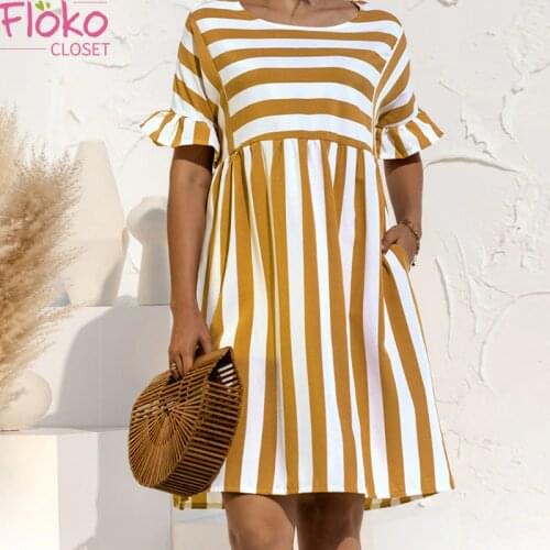 Flokocloset Casual Ruffle Short Sleeve Striped Print Pocket Mini Dress Summer O-Neck A-LINE Party Dresses Vestidos