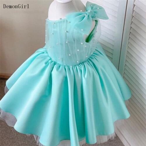 Puffy Baby Girl Dresses One Shoulder Bow Satin Girls Wedding Party Gown A-Line Kid First Birthday Dresses